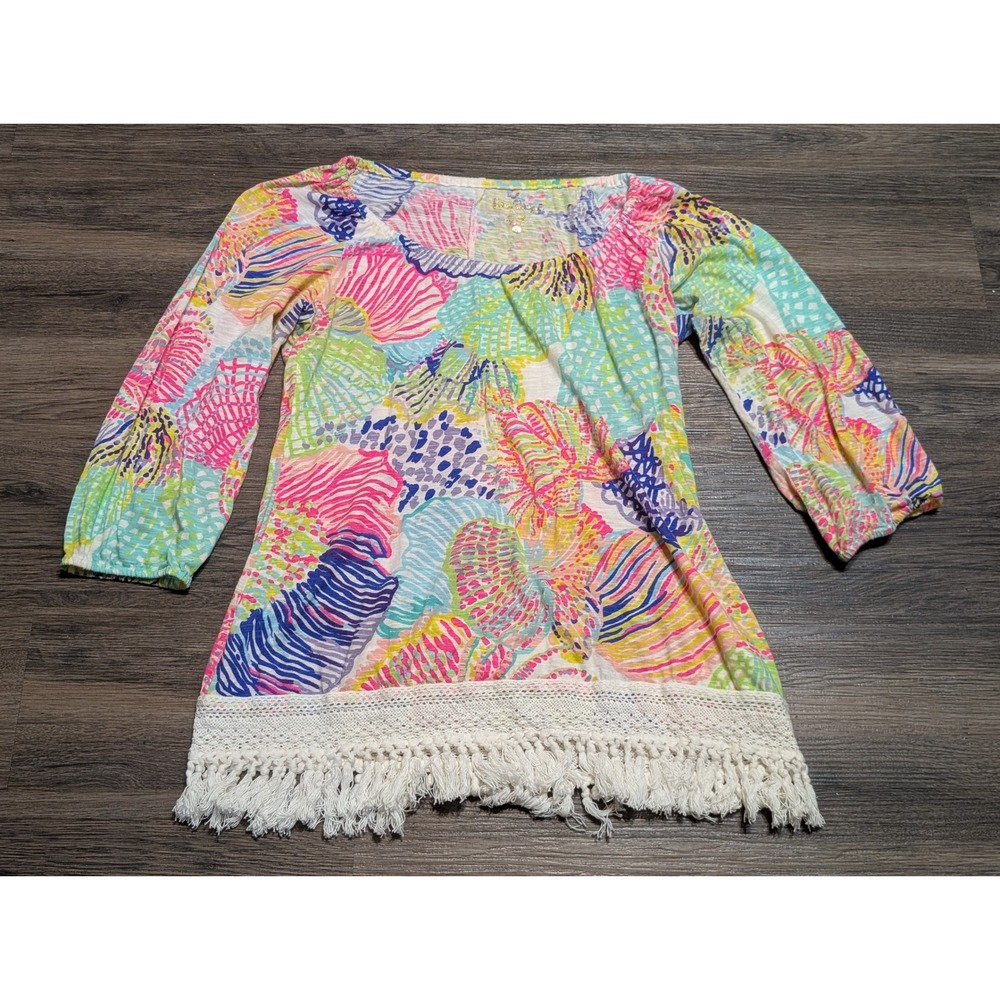 Lilly Pulitzer Womens Small Sea Shell Print Cotton Tunic Top Fringe Crochet Trim
